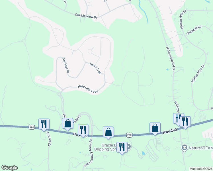 map of restaurants, bars, coffee shops, grocery stores, and more near 595 Hazy Hills Loop in Dripping Springs