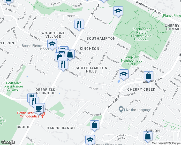 map of restaurants, bars, coffee shops, grocery stores, and more near 3301 Thomas Kincheon Street in Austin