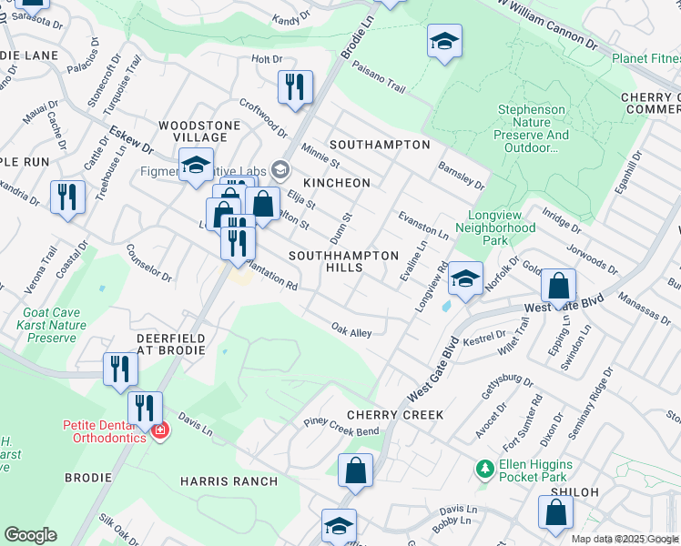 map of restaurants, bars, coffee shops, grocery stores, and more near 3301 Thomas Kincheon Street in Austin