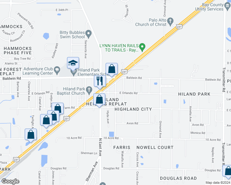map of restaurants, bars, coffee shops, grocery stores, and more near 2801 East Orlando Road in Panama City