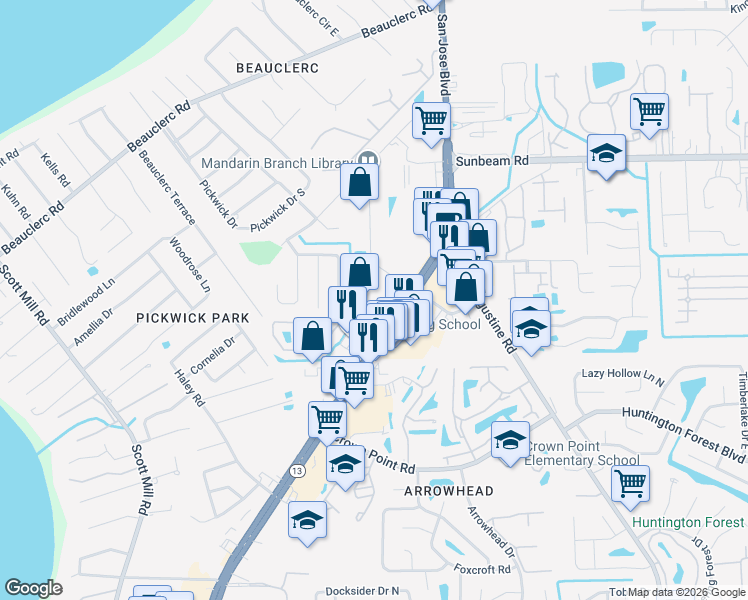map of restaurants, bars, coffee shops, grocery stores, and more near 9776 San Jose Boulevard in Jacksonville