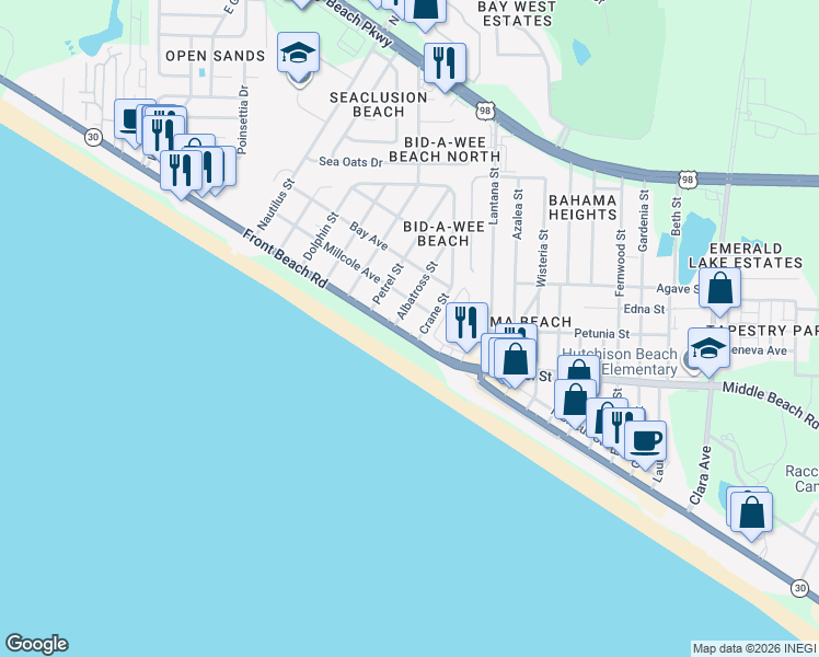 map of restaurants, bars, coffee shops, grocery stores, and more near 618 Albatross Street in Panama City Beach