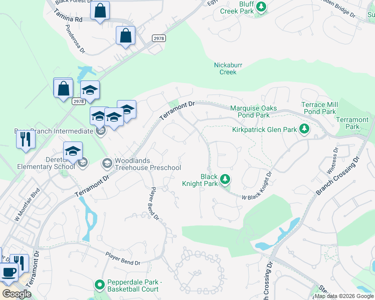 map of restaurants, bars, coffee shops, grocery stores, and more near 102 Millsap Circle in The Woodlands