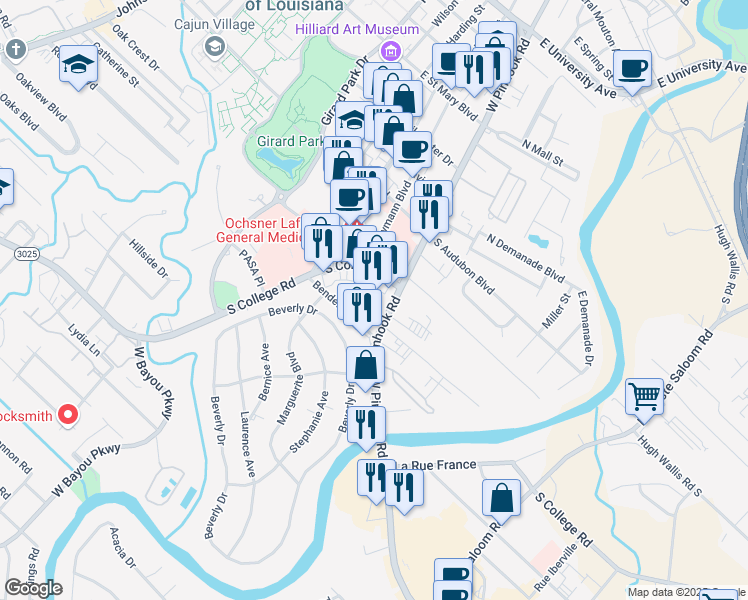 map of restaurants, bars, coffee shops, grocery stores, and more near 1304 West Pinhook Road in Lafayette