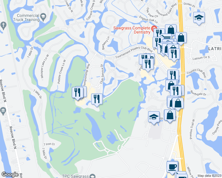 map of restaurants, bars, coffee shops, grocery stores, and more near 38 Players Club Villas Road in Ponte Vedra Beach