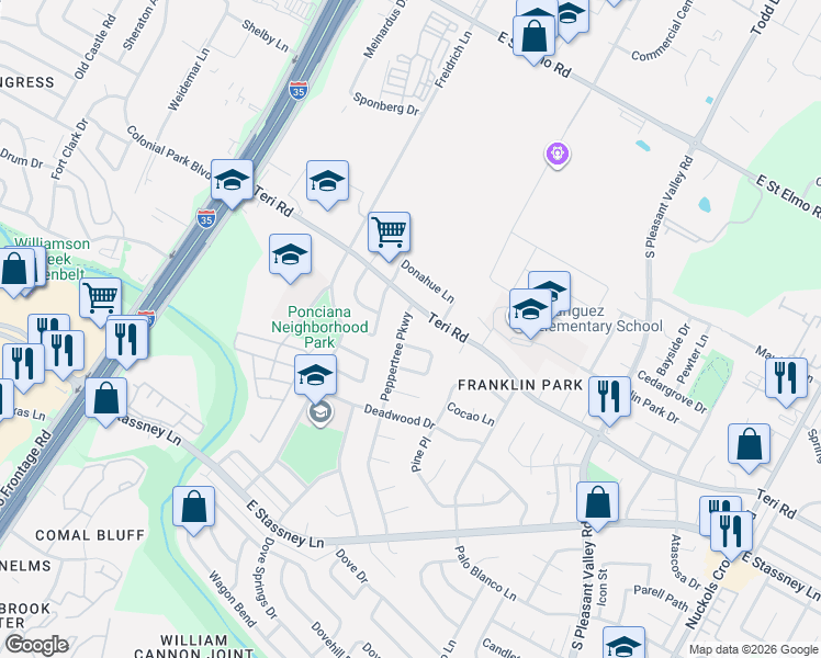 map of restaurants, bars, coffee shops, grocery stores, and more near 5103 Peppertree Parkway in Austin