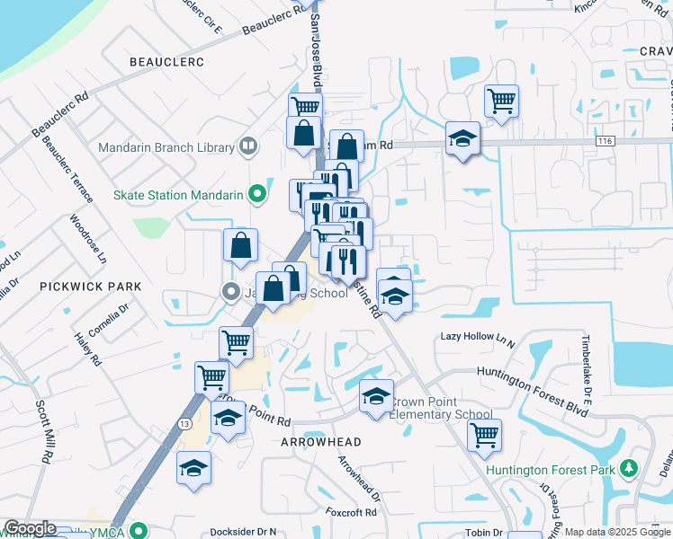 map of restaurants, bars, coffee shops, grocery stores, and more near 16 Old Saint Augustine Road in Jacksonville