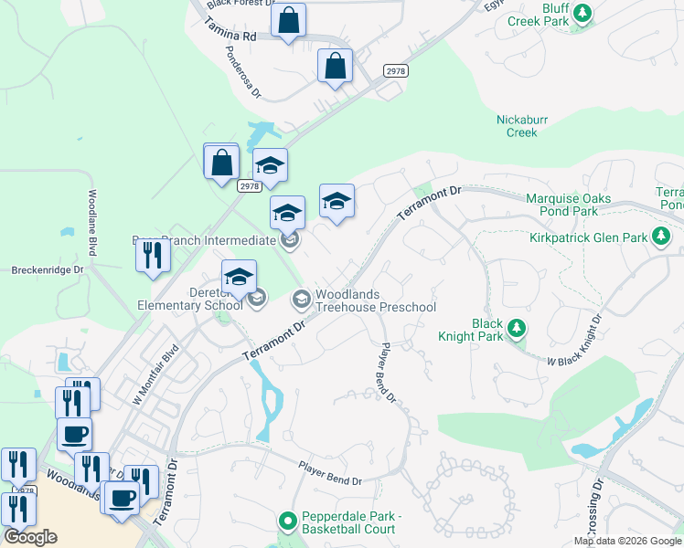 map of restaurants, bars, coffee shops, grocery stores, and more near Bettina Lane in Spring