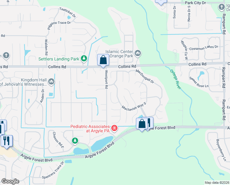 map of restaurants, bars, coffee shops, grocery stores, and more near 8004 Mactavish Way North in Jacksonville