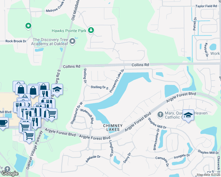 map of restaurants, bars, coffee shops, grocery stores, and more near 8333 Stelling Drive South in Jacksonville