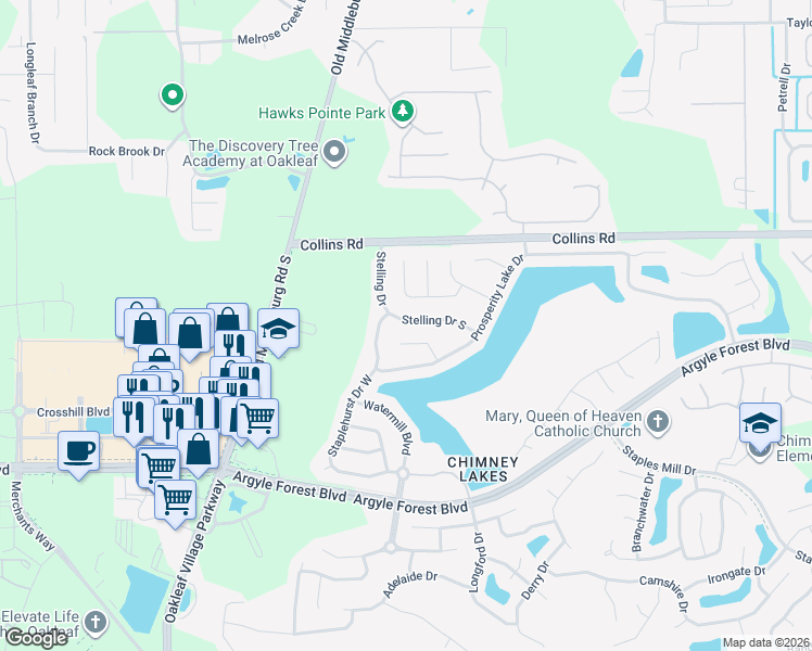 map of restaurants, bars, coffee shops, grocery stores, and more near 8405 Stelling Drive South in Jacksonville