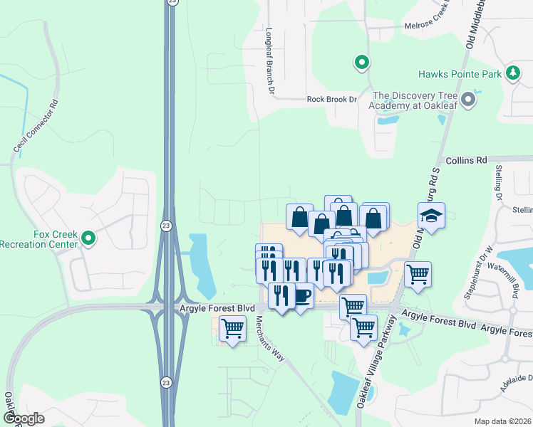 map of restaurants, bars, coffee shops, grocery stores, and more near 8096 Hind Way in Jacksonville