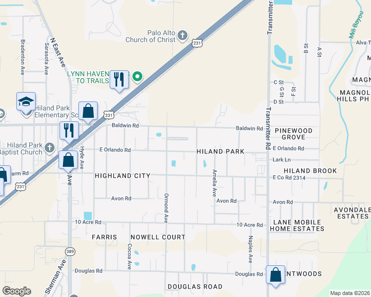 map of restaurants, bars, coffee shops, grocery stores, and more near 3116 Debra Boulevard in Panama City