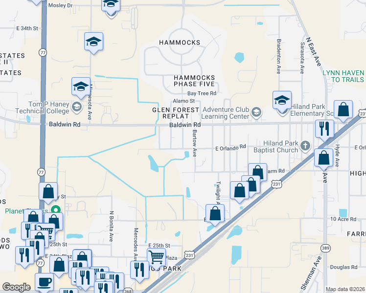 map of restaurants, bars, coffee shops, grocery stores, and more near 2912 Syracuse Avenue in Panama City