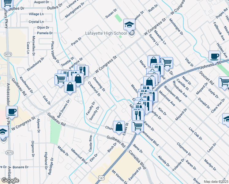 map of restaurants, bars, coffee shops, grocery stores, and more near 222 Downing Street in Lafayette