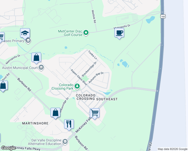 map of restaurants, bars, coffee shops, grocery stores, and more near 3508 Autumn Bay Drive in Austin