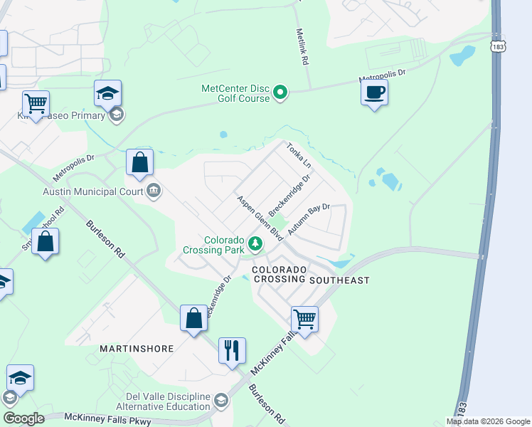 map of restaurants, bars, coffee shops, grocery stores, and more near 3616 Breckenridge Drive in Austin