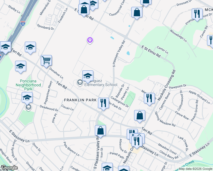 map of restaurants, bars, coffee shops, grocery stores, and more near 4411-4501 Revere Road in Austin