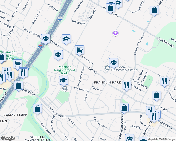 map of restaurants, bars, coffee shops, grocery stores, and more near 2219 Donahue Lane in Austin