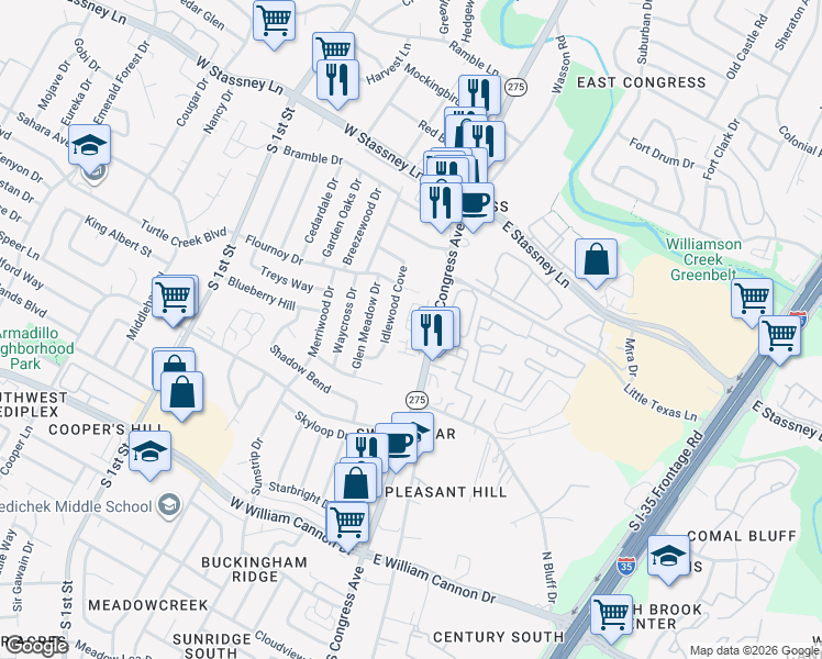 map of restaurants, bars, coffee shops, grocery stores, and more near 6011 Idlewood Cove in Austin