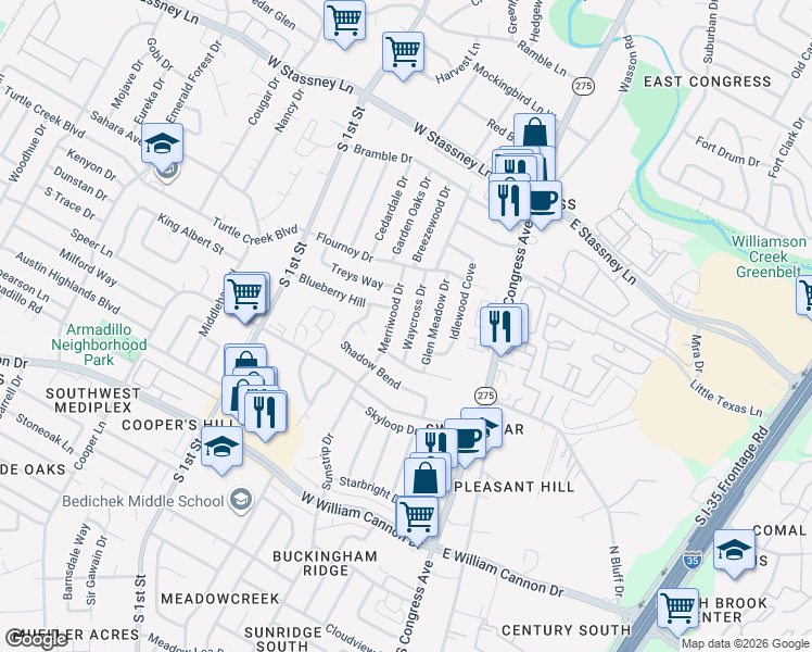 map of restaurants, bars, coffee shops, grocery stores, and more near 6102 Merriwood Drive in Austin