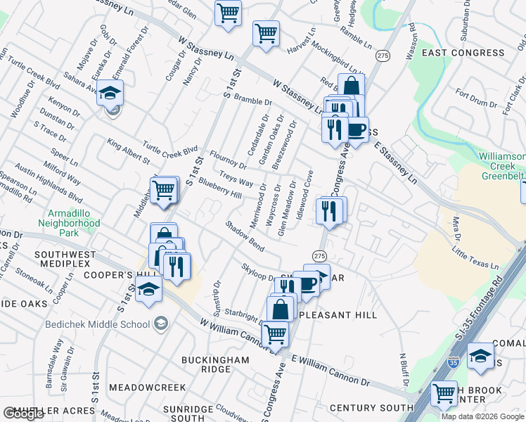 map of restaurants, bars, coffee shops, grocery stores, and more near 6102 Merriwood Drive in Austin