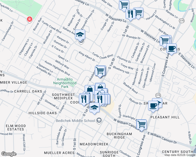 map of restaurants, bars, coffee shops, grocery stores, and more near 711 Eberhart Lane in Austin