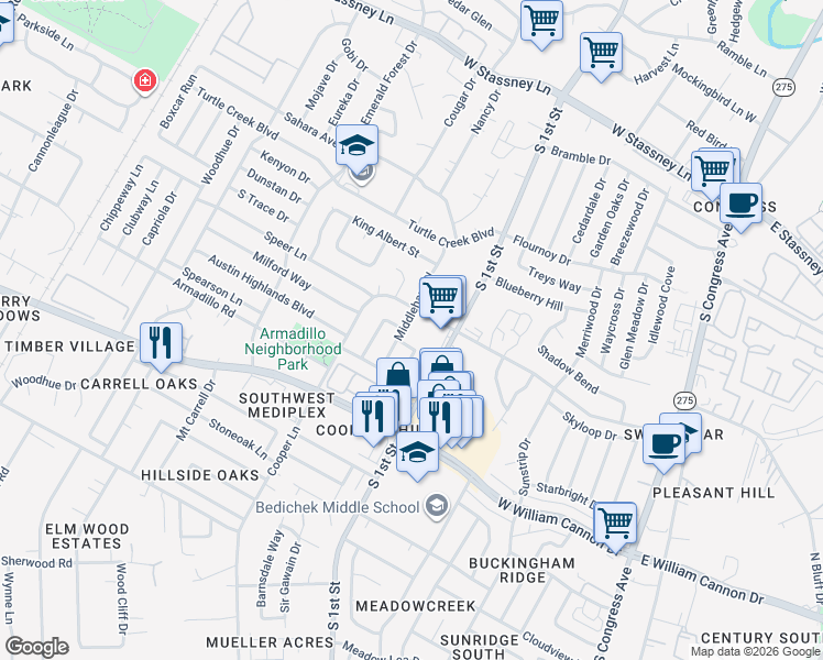 map of restaurants, bars, coffee shops, grocery stores, and more near 6402 King George Drive in Austin
