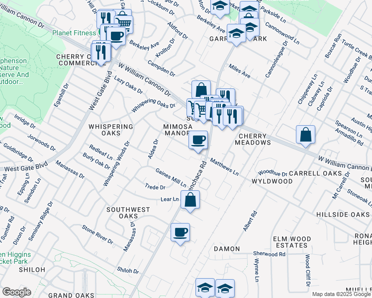 map of restaurants, bars, coffee shops, grocery stores, and more near 2102 Matthews Lane in Austin