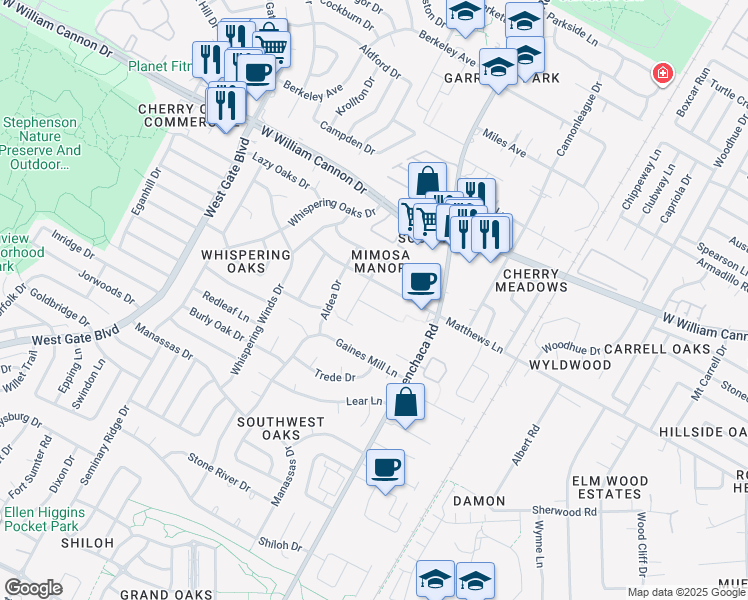 map of restaurants, bars, coffee shops, grocery stores, and more near 2109 Matthews Lane in Austin