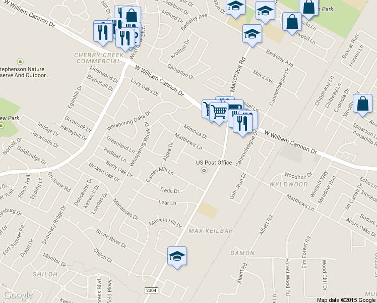 map of restaurants, bars, coffee shops, grocery stores, and more near 2109 Matthews Lane in Austin