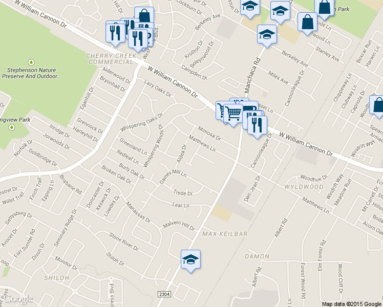 map of restaurants, bars, coffee shops, grocery stores, and more near 2109 Matthews Lane in Austin