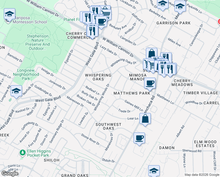 map of restaurants, bars, coffee shops, grocery stores, and more near 7302 Southwind Drive in Austin