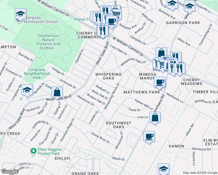 map of restaurants, bars, coffee shops, grocery stores, and more near 2504 Greenland Lane in Austin