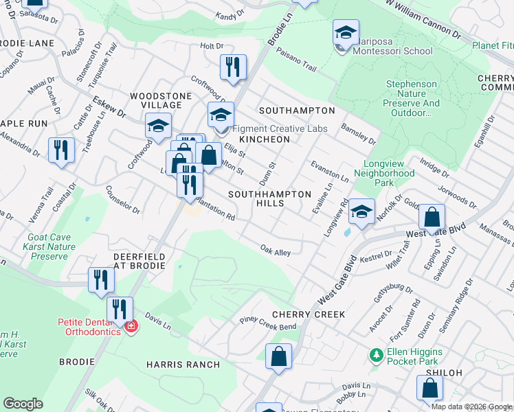 map of restaurants, bars, coffee shops, grocery stores, and more near 8100 Dunn Street in Austin