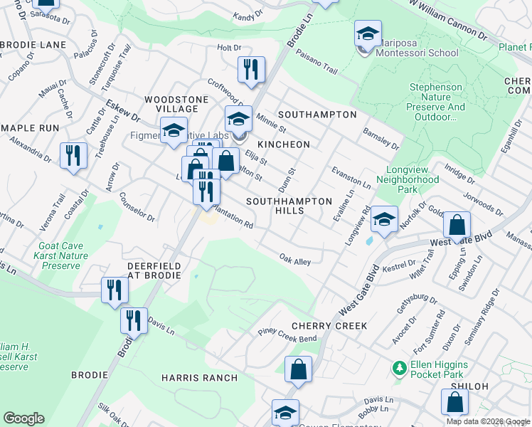 map of restaurants, bars, coffee shops, grocery stores, and more near 8100 Dunn Street in Austin