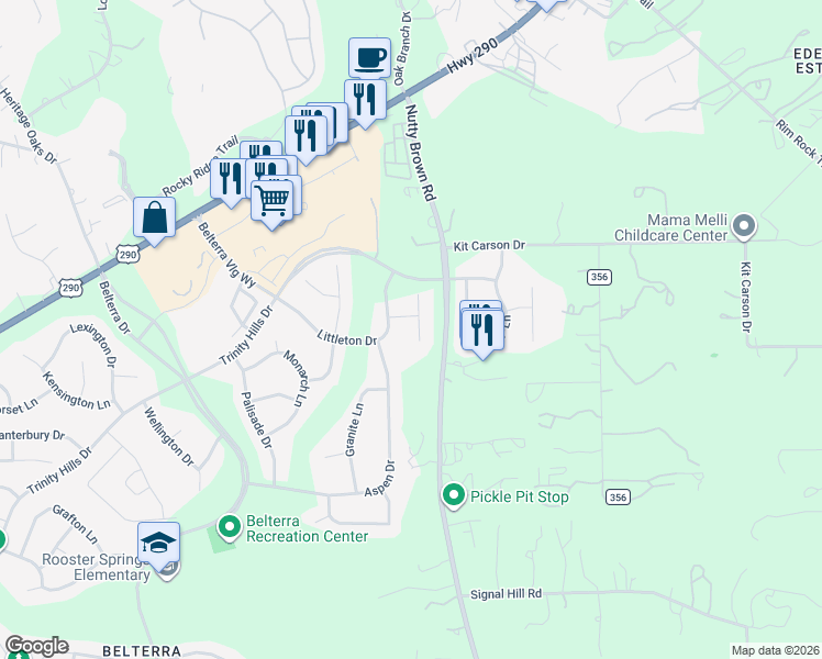 map of restaurants, bars, coffee shops, grocery stores, and more near 320 Littleton Drive in Austin