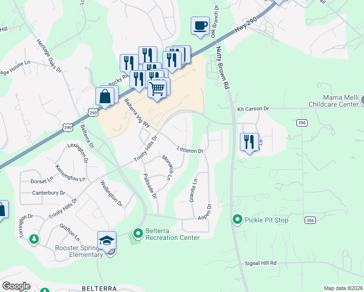 map of restaurants, bars, coffee shops, grocery stores, and more near 161 Littleton Drive in Austin