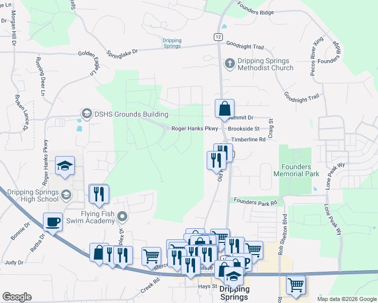 map of restaurants, bars, coffee shops, grocery stores, and more near 775 Old Fitzhugh Road in Dripping Springs