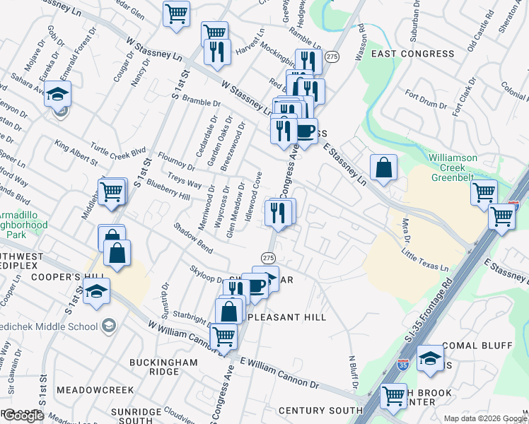 map of restaurants, bars, coffee shops, grocery stores, and more near 6011 Idlewood Cove in Austin