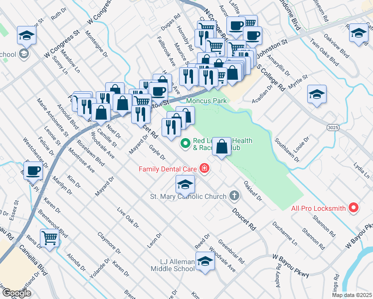map of restaurants, bars, coffee shops, grocery stores, and more near 301 Doucet Road in Lafayette
