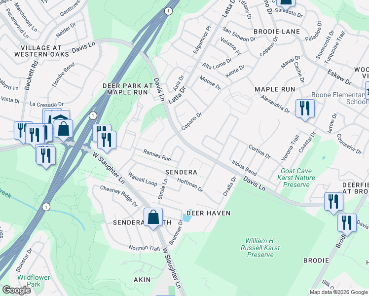 map of restaurants, bars, coffee shops, grocery stores, and more near 8909 Whiteworth Loop in Austin
