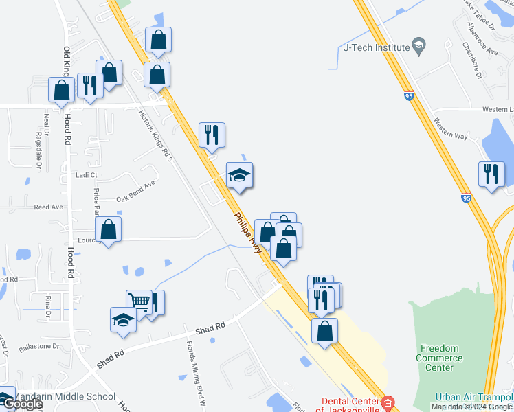 map of restaurants, bars, coffee shops, grocery stores, and more near 9143 Philips Highway in Jacksonville