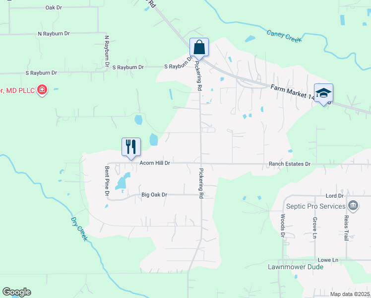 map of restaurants, bars, coffee shops, grocery stores, and more near 19431 Big Oak Drive in Conroe