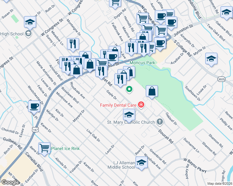 map of restaurants, bars, coffee shops, grocery stores, and more near 200-220 Doucet Road in Lafayette
