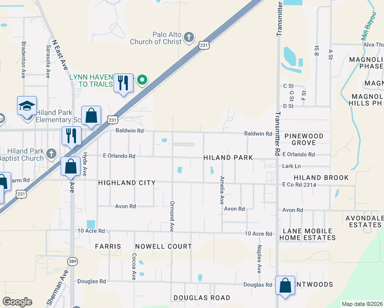 map of restaurants, bars, coffee shops, grocery stores, and more near 3116 Debra Boulevard in Panama City