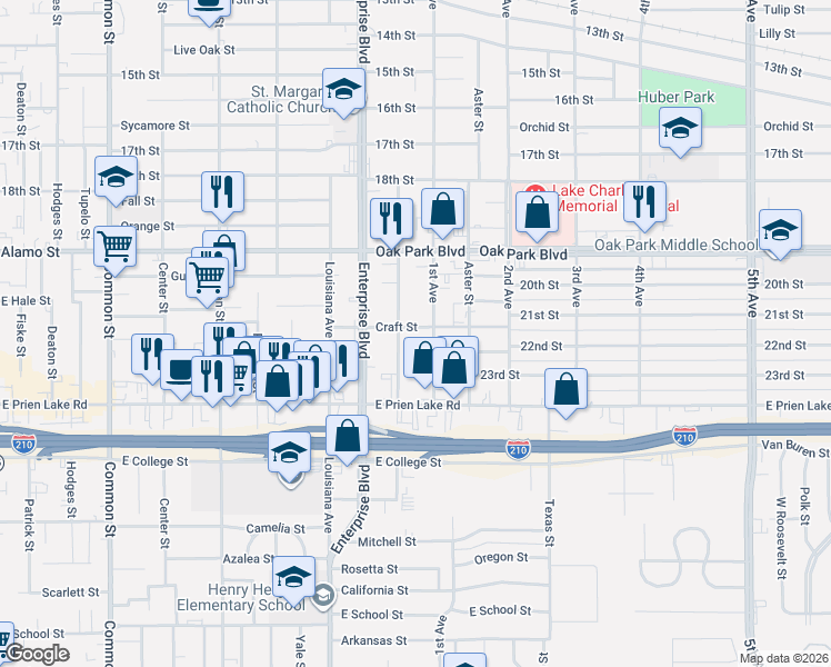 map of restaurants, bars, coffee shops, grocery stores, and more near 3015 Warren Avenue in Lake Charles