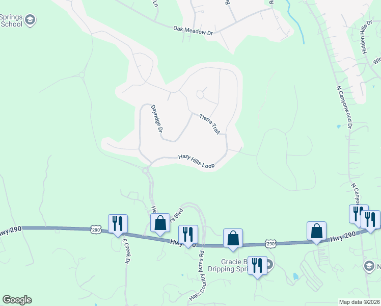 map of restaurants, bars, coffee shops, grocery stores, and more near 341 Hazy Hills Loop in Dripping Springs