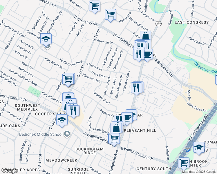 map of restaurants, bars, coffee shops, grocery stores, and more near 6102 Merriwood Drive in Austin