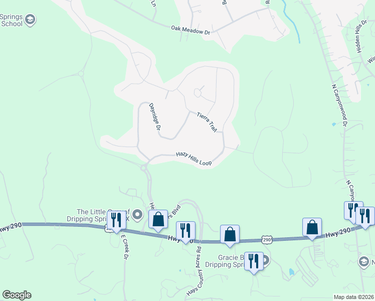 map of restaurants, bars, coffee shops, grocery stores, and more near 341 Hazy Hills Loop in Dripping Springs